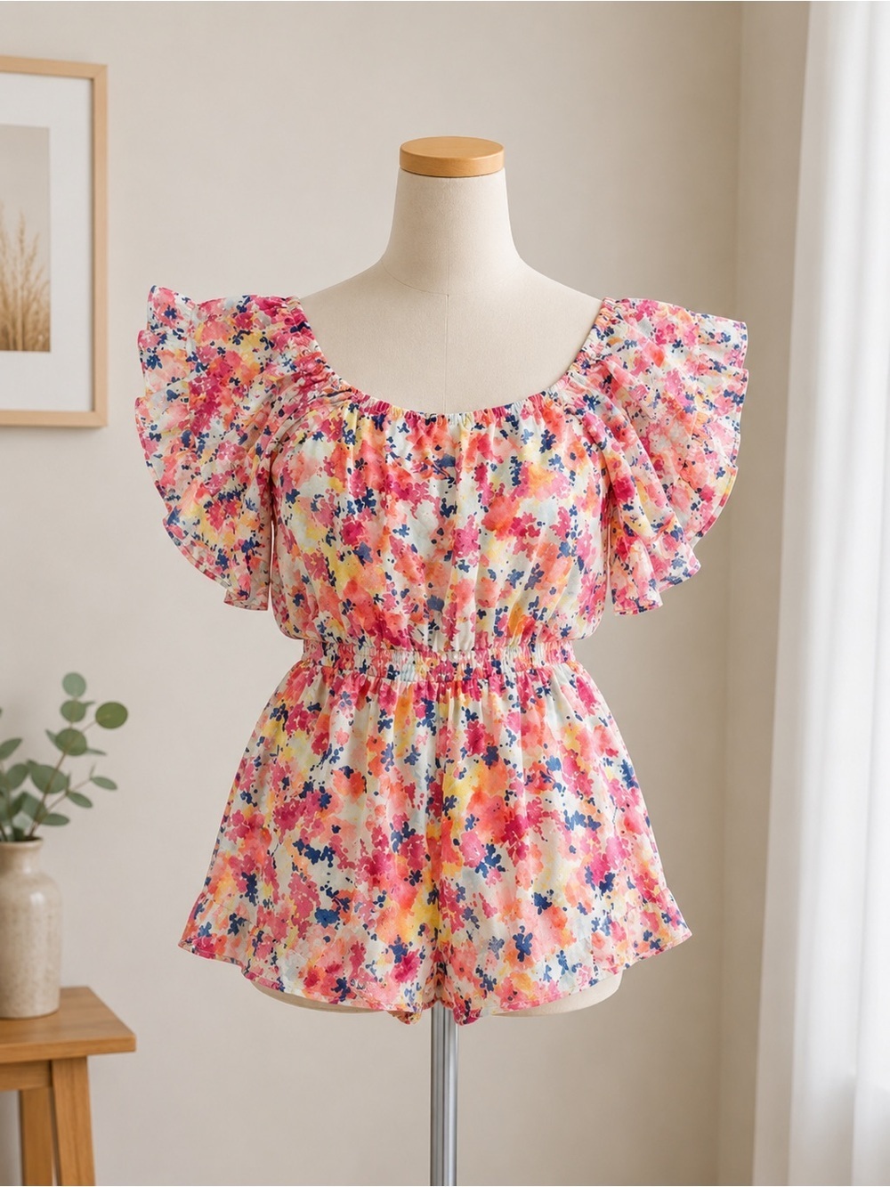 Umgee Boho Romper Floral Bell Sleeve Sheer Size Small Oversized
